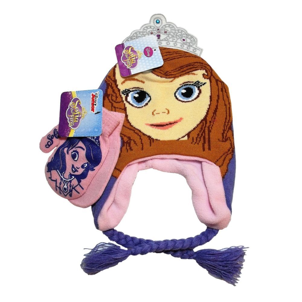 Sofia the‎ First Purple Knit Beanie Laplander Winter Hat Pink Mittens NWT